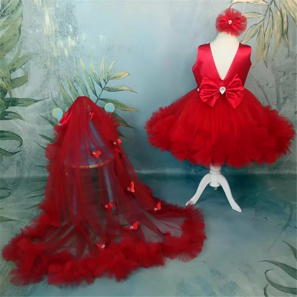 Toddler Girl Tulle Party Dress - Özelleştirilmiş Kırmızı Çiçek Kız Elbise Düğün