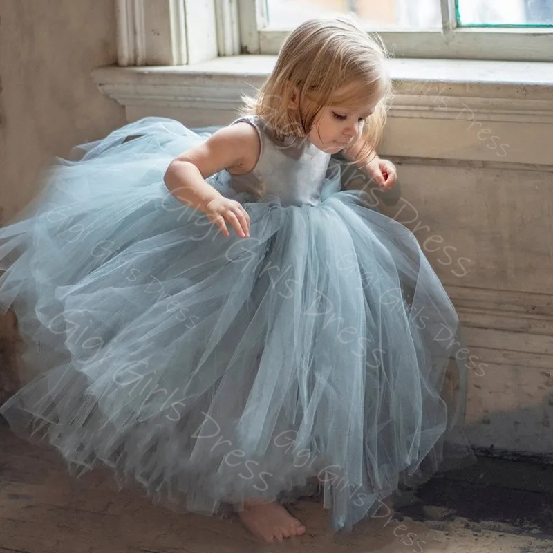 Toddler Girl Tulle Party Dress - Mavi Çiçek Kız Elbise Düğün için