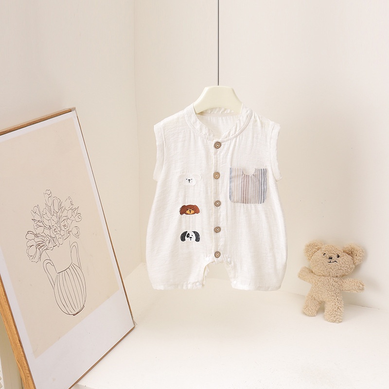 Baby Summer Linen Sleeveless Jumpsuit - 2026 Yaz Karikatür Ayı Baskılı 3-3