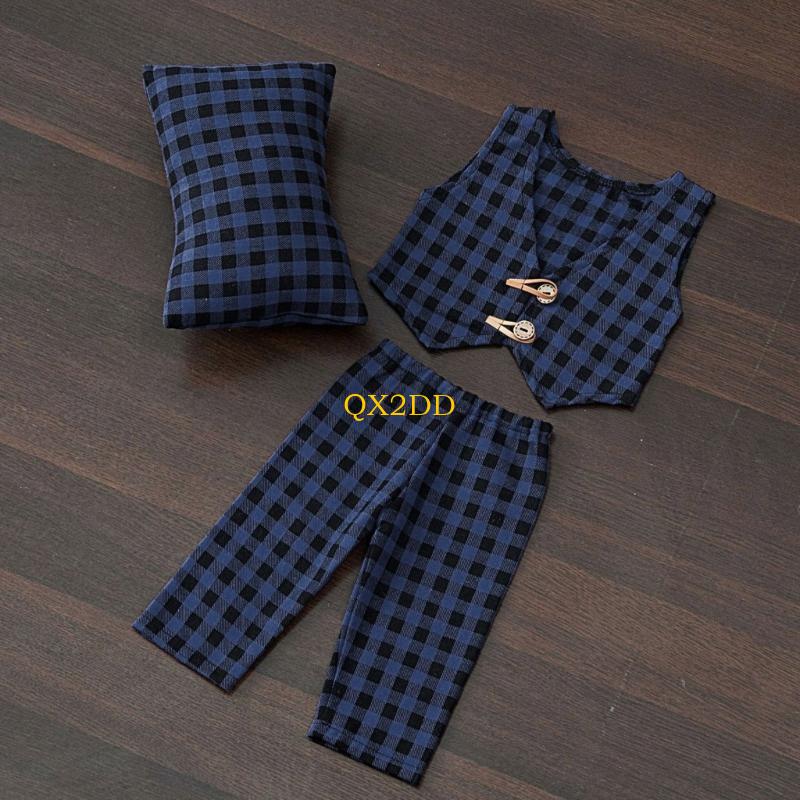 Infant Photography Props Outfit - QX2D Damalı Yastık Pantolon ve Yelek
