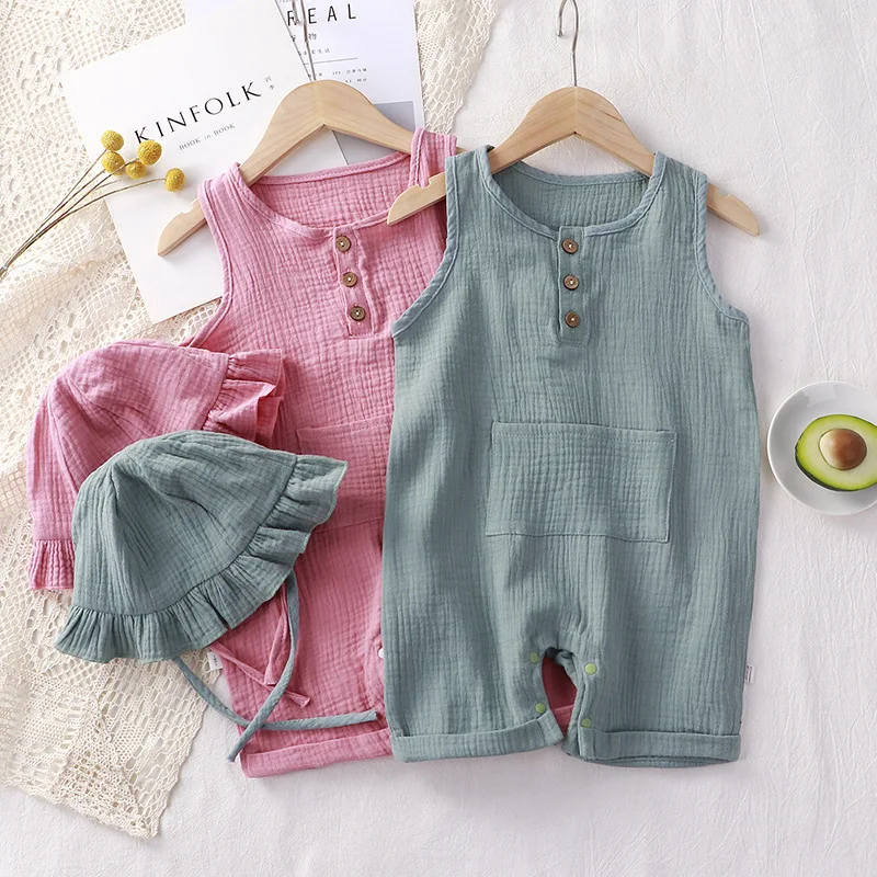 Baby Summer Linen Sleeveless Jumpsuit - 2 adet/takım Bebek Yaz Giyim Katı
