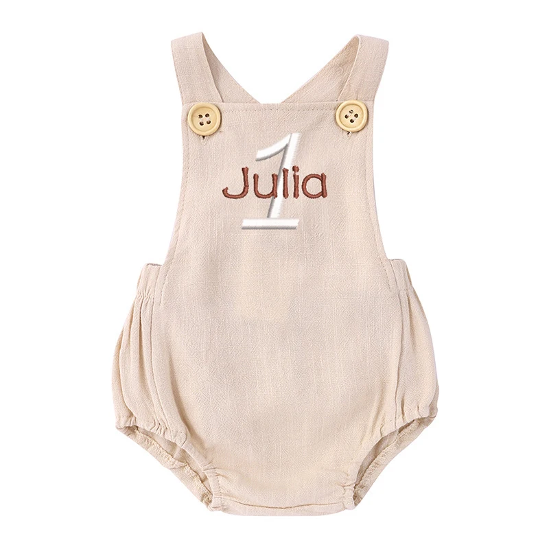 Baby Summer Linen Sleeveless Jumpsuit - Adı işlemeli 1st doğum günü Romper